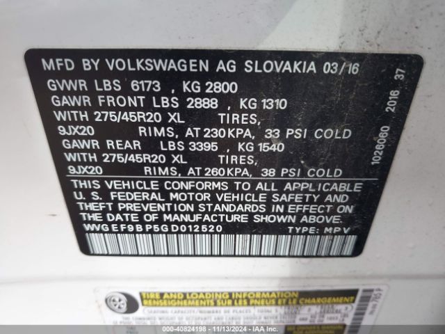 WVGEF9BP5GD012520 Volkswagen Touareg Vr6 Executive