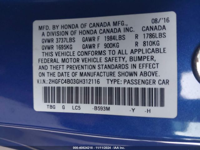 2HGFC4B03GH312116 Honda Civic Lx-p