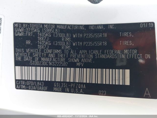 5TDDZ3DC1KS222592 Toyota Sienna Limited 7 Passenger