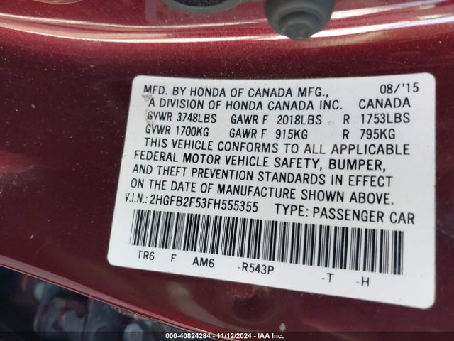 Honda Civic Lx 2015 2HGFB2F53FH555355 Image 9