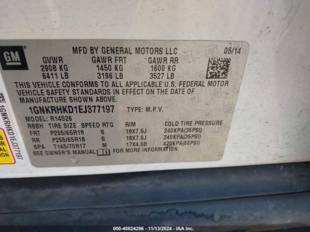 1GNKRHKD1EJ377197 Chevrolet Traverse 2lt