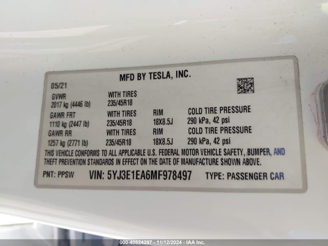 2021 TESLA MODEL 3 5YJ3E1EA6MF978497 Photo 8