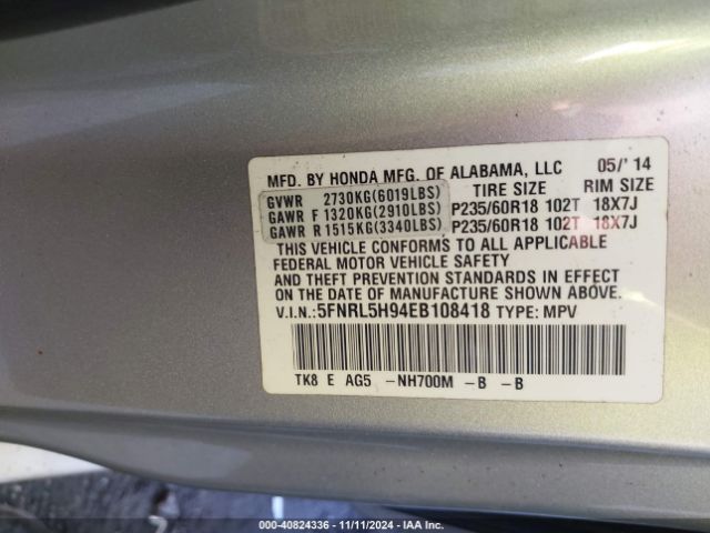 5FNRL5H94EB108418 Honda Odyssey Touring/touring Elite
