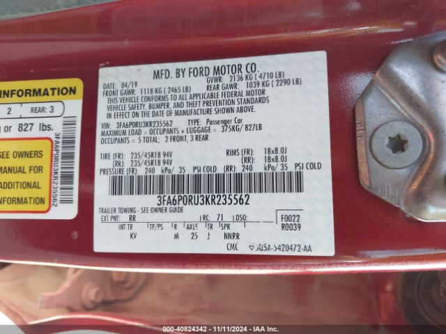 3FA6P0RU3KR235562 Ford Fusion Hybrid Titanium