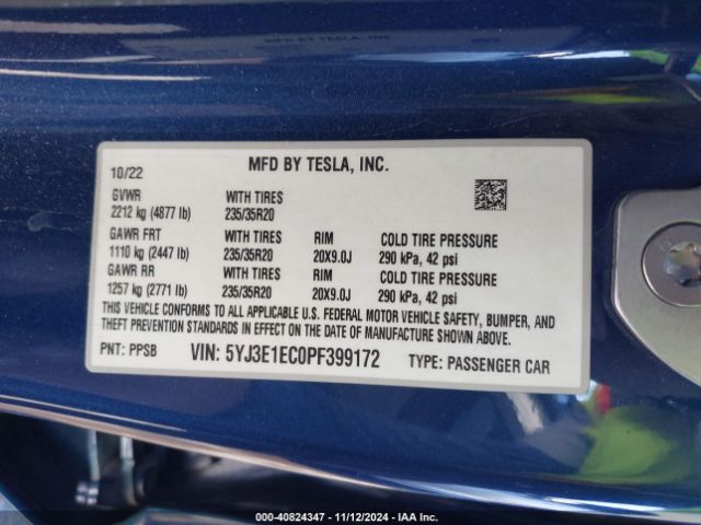 5YJ3E1EC0PF399172 Tesla Model 3 Performance Dual Motor All-wheel Drive