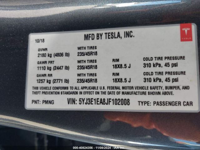 5YJ3E1EA8JF102008 Tesla Model 3 Long Range/mid Range