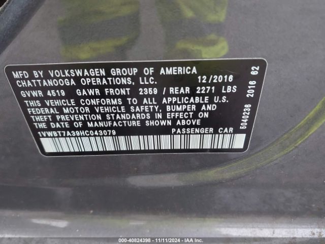 1VWBT7A39HC043079 Volkswagen Passat 1.8t Se