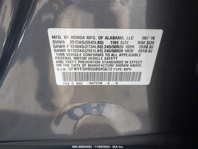 Honda Pilot Touring 2016 5FNYF5H95GB045612 Image 9
