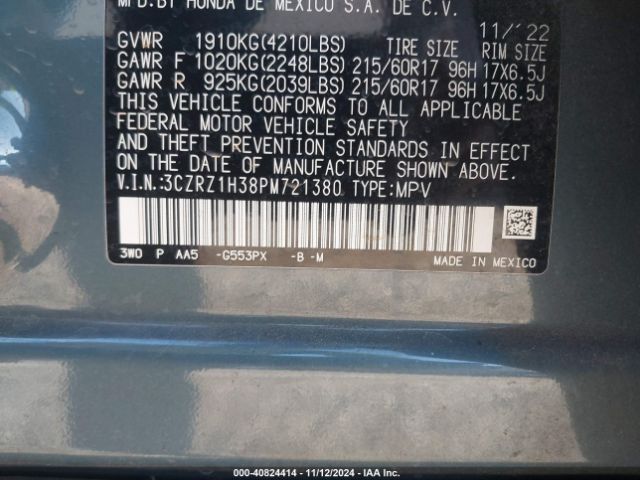 3CZRZ1H38PM721380 Honda Hr-v 2wd Lx