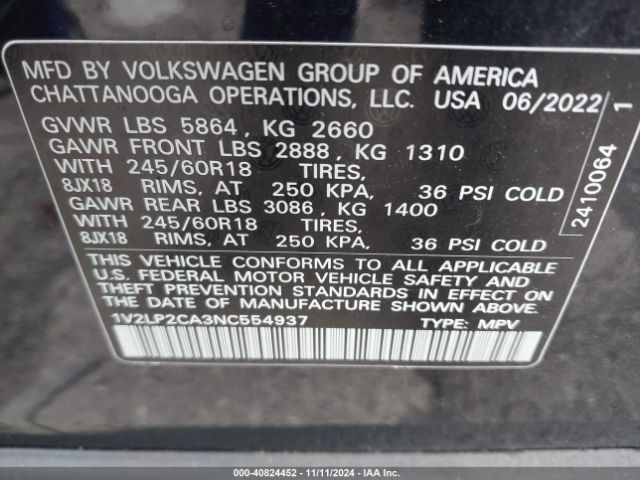 1V2LP2CA3NC554937 Volkswagen Atlas 2.0t Se