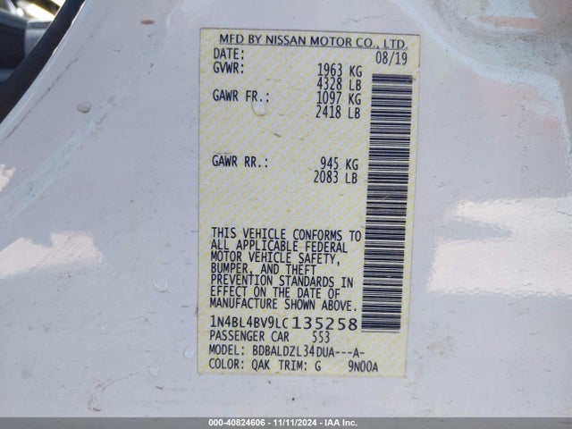 1N4BL4BV9LC135258 Nissan Altima S Fwd