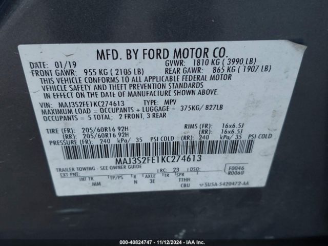 MAJ3S2FE1KC274613 Ford ECOSPORT S