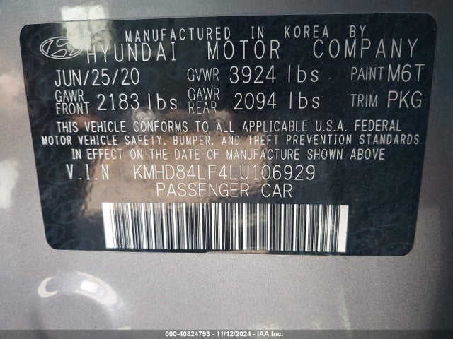 Hyundai ELANTRA SEL 2020 KMHD84LF4LU106929 Image 9