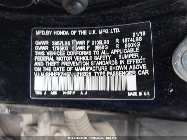 Honda CIVIC EX 2018 SHHFK7H57JU216328 Image 9