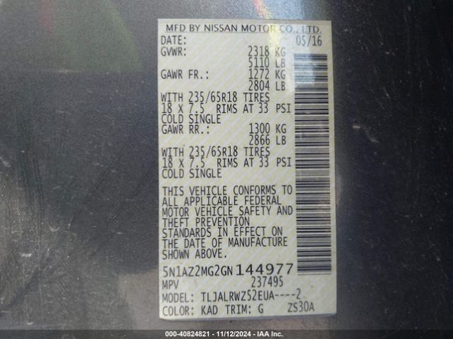 5N1AZ2MG2GN144977 Nissan MURANO SL