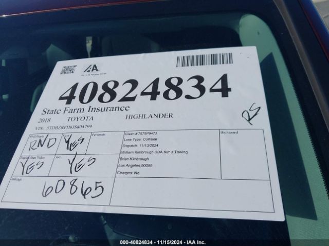 5TDBZRFH6JS804799 Toyota Highlander Le Plus