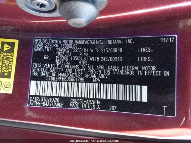 5TDBZRFH6JS804799 Toyota Highlander Le Plus