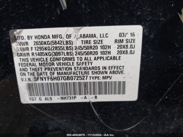 5FNYF6H07GB072527 Honda Pilot Elite