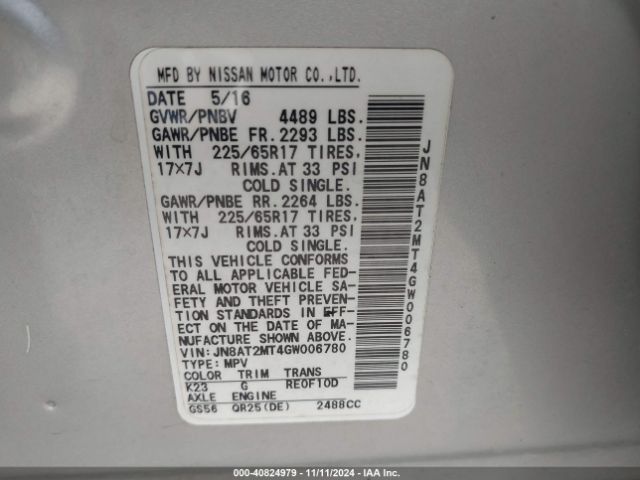 JN8AT2MT4GW006780 Nissan ROGUE S