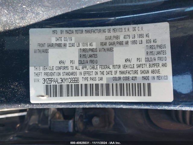 3MZBPAAL3KM108998 Mazda Mazda3 Select Package