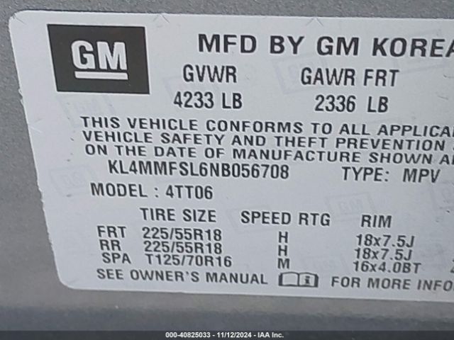 KL4MMFSL6NB056708 Buick Encore Gx Fwd Essence