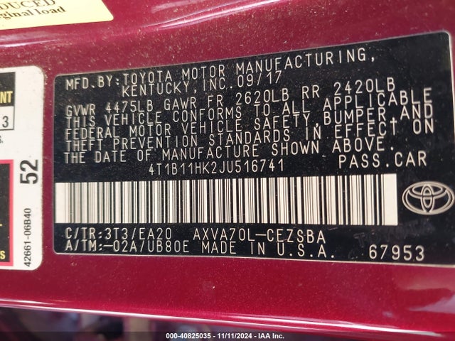 Toyota CAMRY SE 2018 4T1B11HK2JU516741 Image 9