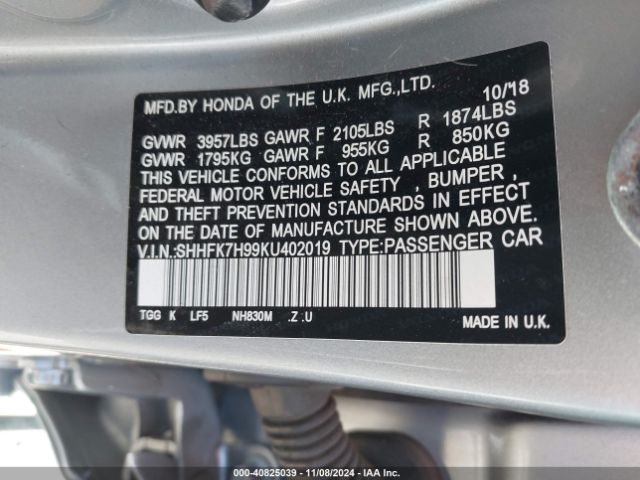 SHHFK7H99KU402019 Honda Civic Sport Touring