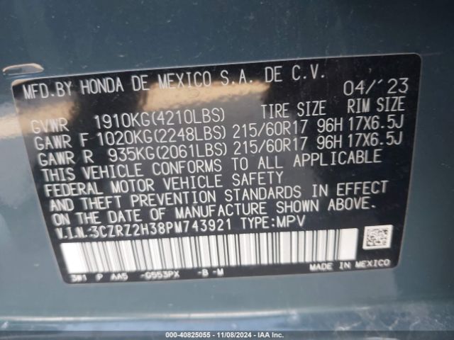 3CZRZ2H38PM743921 Honda Hr-v Awd Lx
