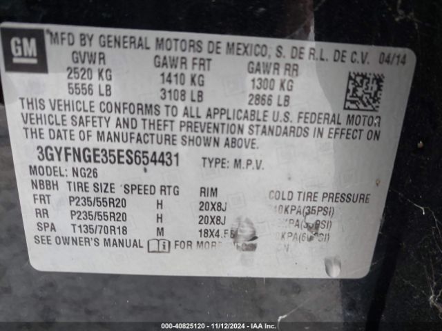 3GYFNGE35ES654431 Cadillac Srx Premium Collection