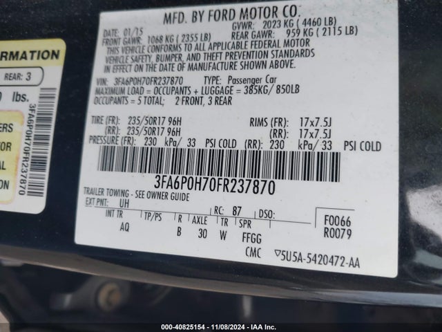 Ford FUSION SE 2015 3FA6P0H70FR237870 Image 9