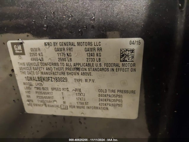 Chevrolet EQUINOX 1LT 2015 1GNALBEK0FZ133029 Image 9
