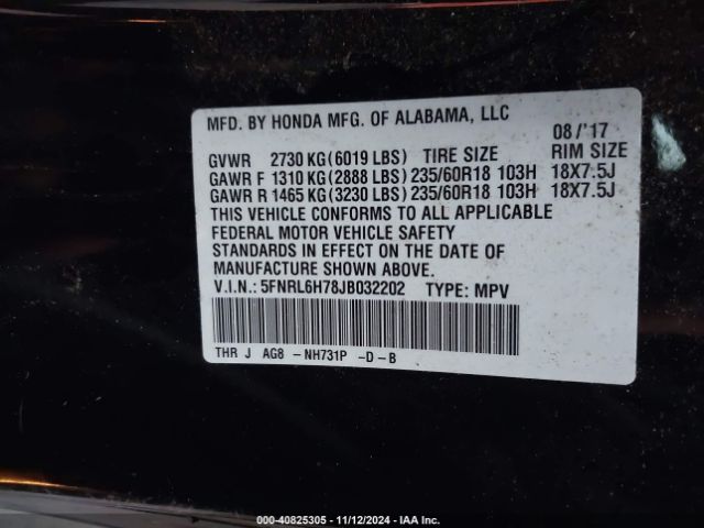 5FNRL6H78JB032202 Honda Odyssey Ex-l