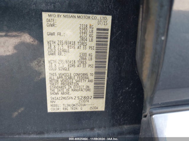 Nissan MURANO SV 2015 5N1AZ2MG5FN252802 Image 9