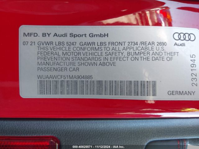 WUAAWCF51MA904885 Audi Rs 5 Sportback Tfsi Quattro Tiptronic