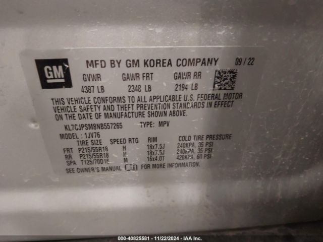 KL7CJPSM8NB557265 Chevrolet Trax Awd Lt