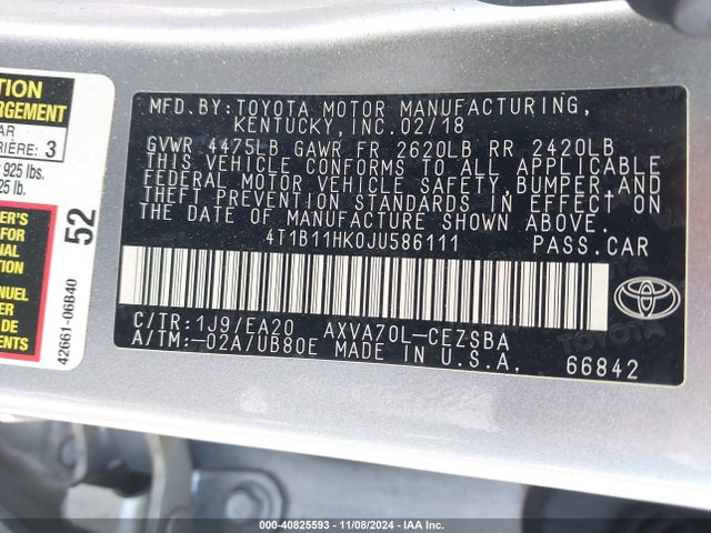 Toyota CAMRY SE 2018 4T1B11HK0JU586111 Image 9