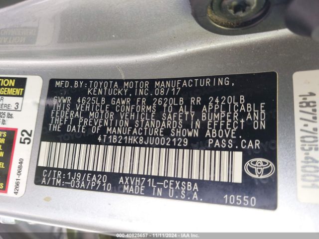 4T1B21HK8JU002129 Toyota Camry Hybrid Se