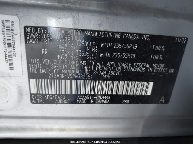 2T3A1RFV5PW332594 Toyota Rav4 Xle Premium