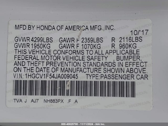 Honda Accord Ex-l 2018 1HGCV1F54JA009045 Image 9