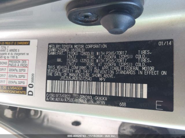 JTEZU5JR0E5072540 Toyota 4runner Limited/sr5/sr5 Premium