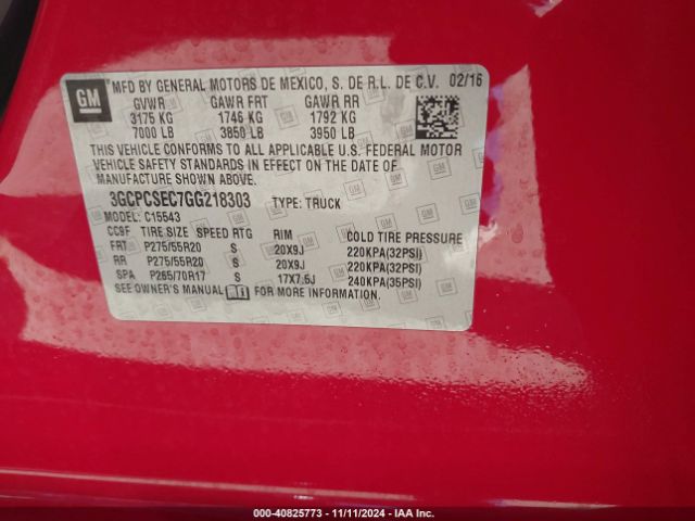 3GCPCSEC7GG218303 Chevrolet Silverado 1500 1lz