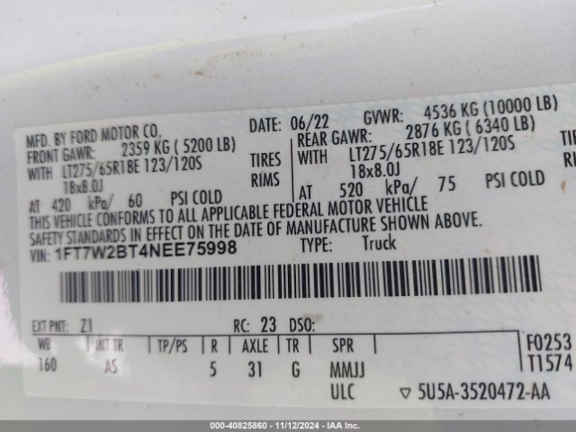 1FT7W2BT4NEE75998 Ford F-250 Xl