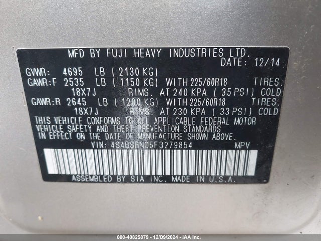 Subaru Outback 2.5i Limited 2015 4S4BSBNC5F3279854 Image 9