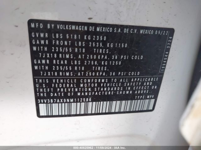 3VV3B7AX9NM112586 Volkswagen Tiguan 2.0t Se