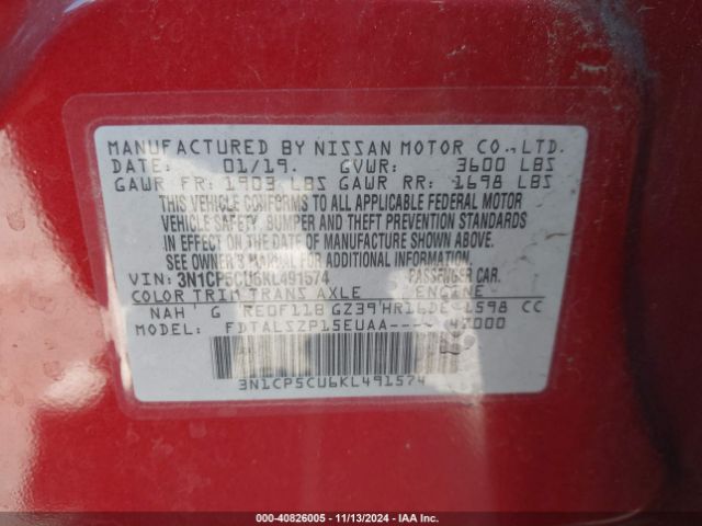 3N1CP5CU6KL491574 Nissan KICKS SV