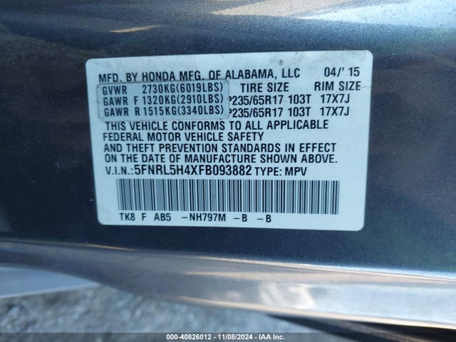 Honda ODYSSEY EX 2015 5FNRL5H4XFB093882 Image 9