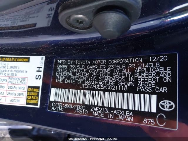 JTDEAMDE5MJ021118 Toyota Corolla Hybrid Le
