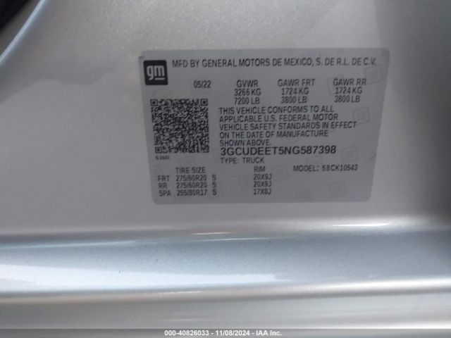 3GCUDEET5NG587398 Chevrolet Silverado 1500 4wd  Short Bed Rst