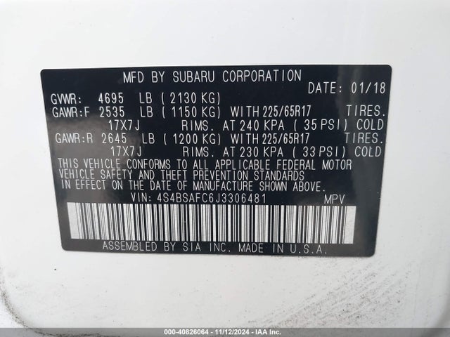 Subaru Outback 2.5i Premium 2018 4S4BSAFC6J3306481 Image 9