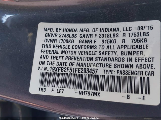 Honda Civic Lx 2015 19XFB2F51FE293457 Image 9
